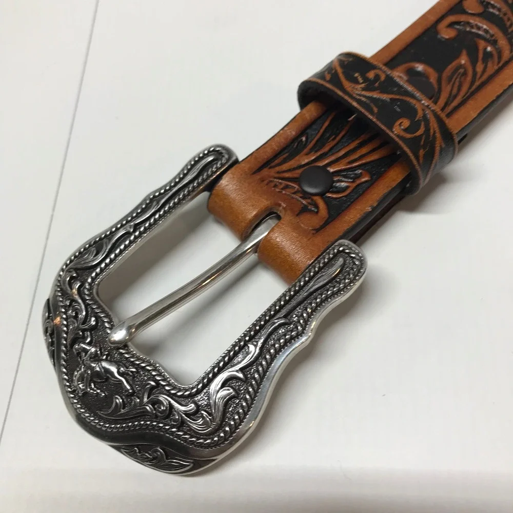 Kids‎ Western Tony Llama Tooled Leather Belt Brown Black Silver Buckle Floral